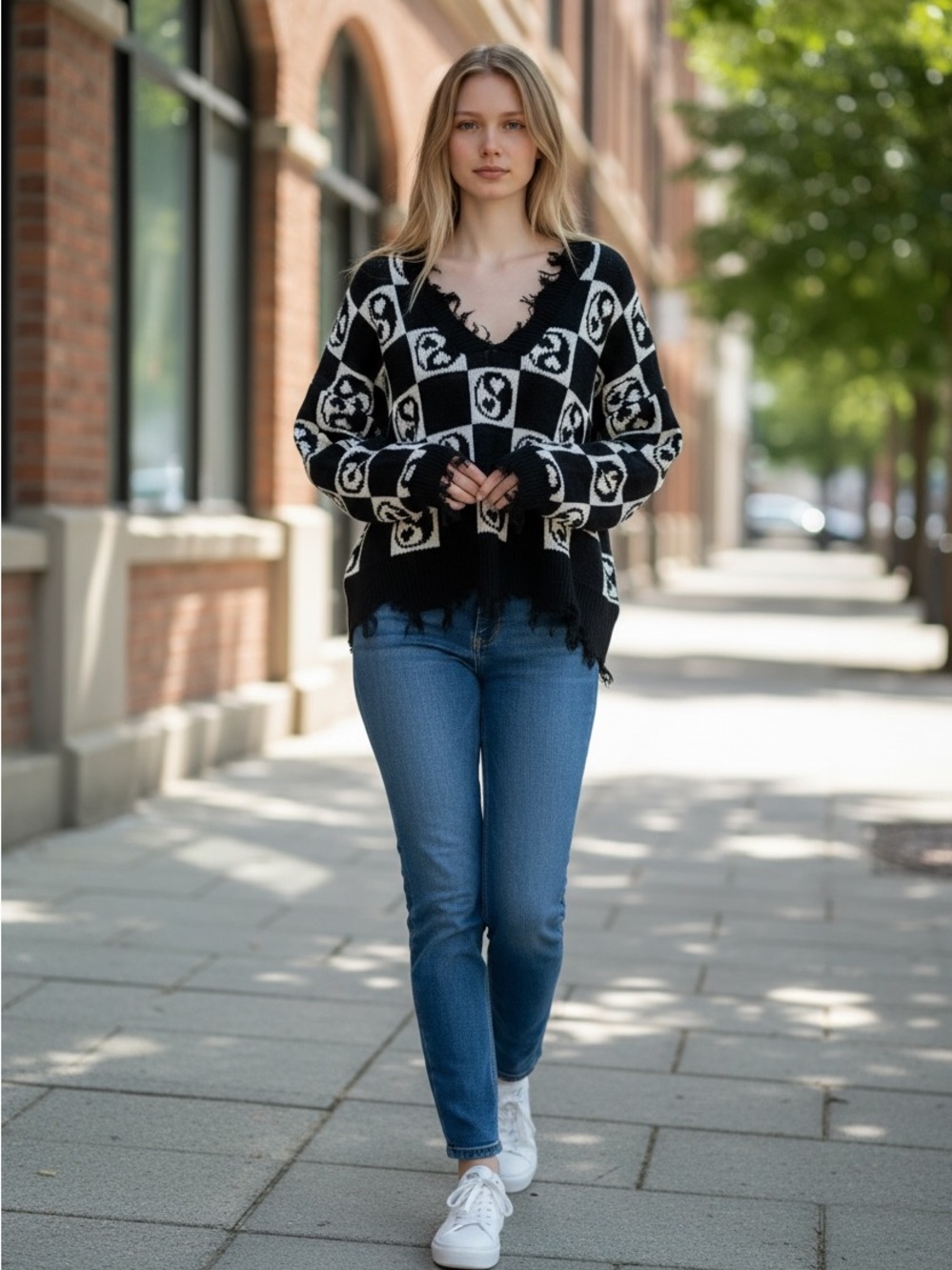 Just Polly Distressed V-Neck Sweater - Black & White